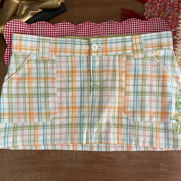 Micro Mini Skirt y2k Cargo Pastel Plaid Snap Pockets Boho Hippie Detail - Picture 2 of 16